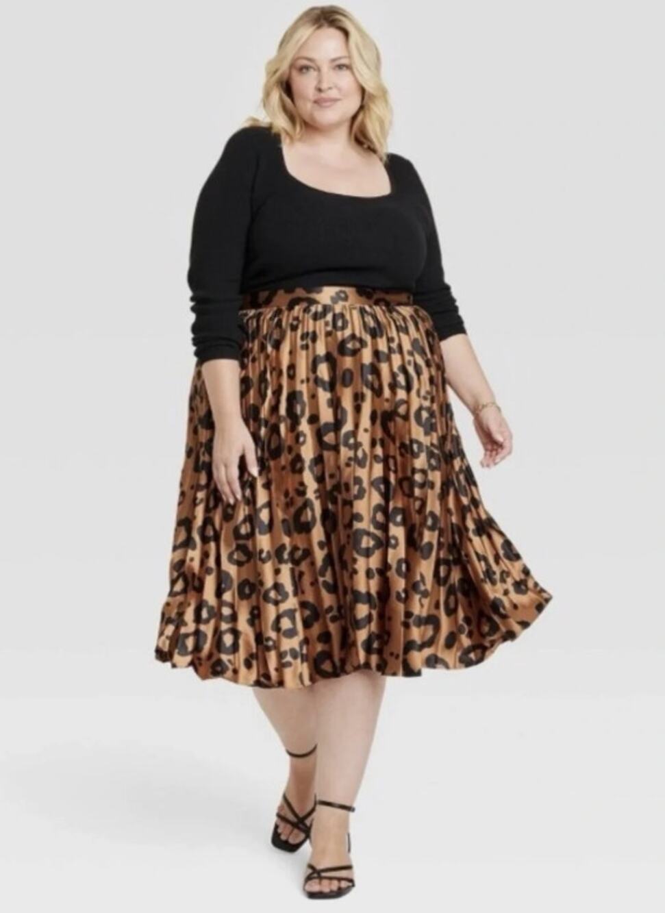 Ava & Viv Brown Leopard Print Pleated Midi Skirt